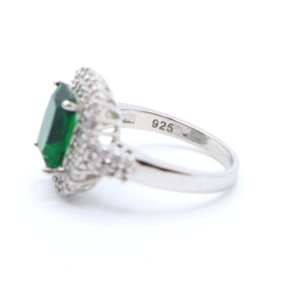 925 Sterling Silver Cubic Zirconia Emerald Double Halo Cocktail Ring, Size 7.75 - Picture 3 of 4